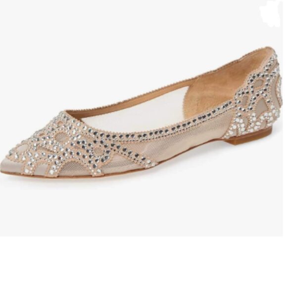 XYD Nude Pointed Toe Rhinestone Flats Mesh Slip-on Crystals Wedding Bride Shoes - Picture 1 of 8